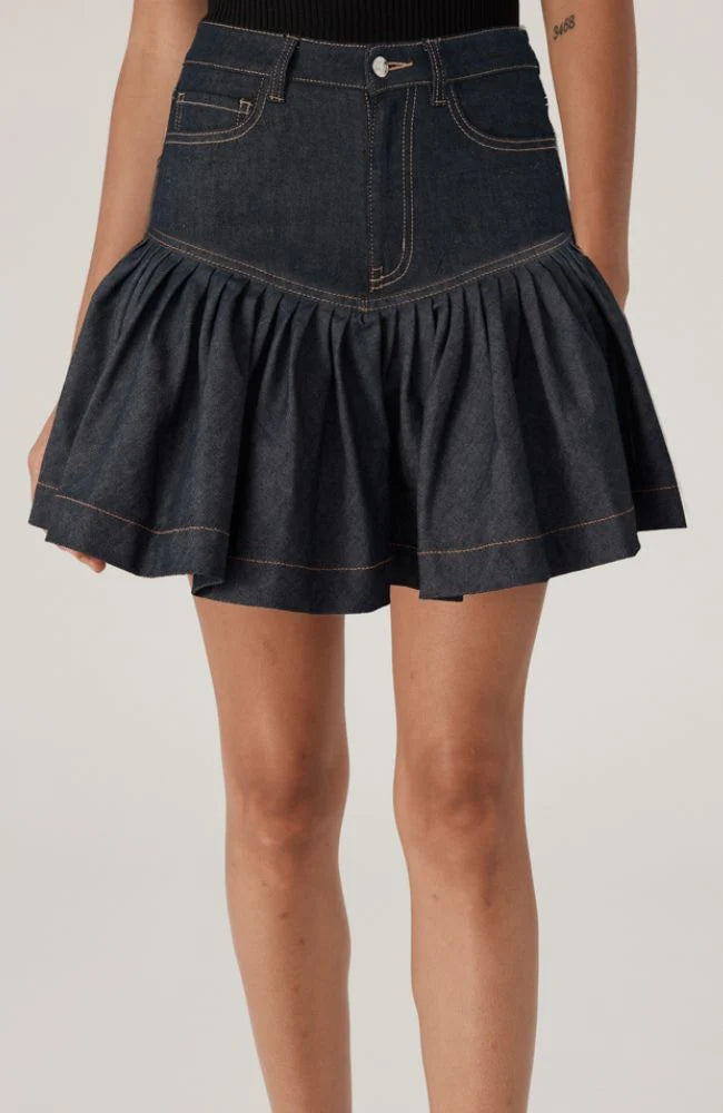 Aura Sheen Denim Skirt Dark Denim